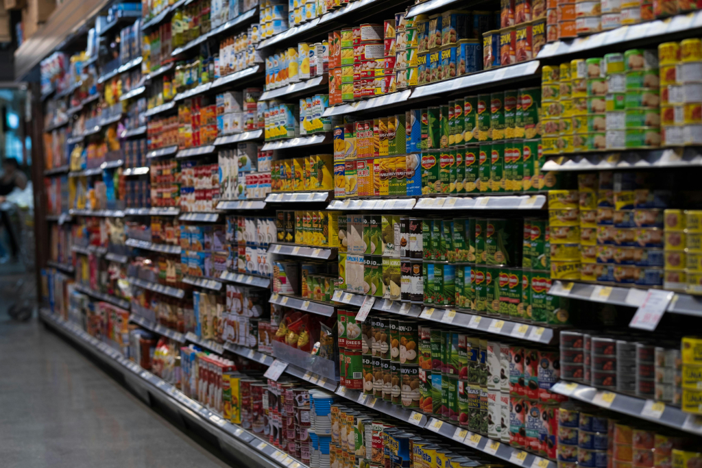 Fresh groceries and packaged goods displayed on a table